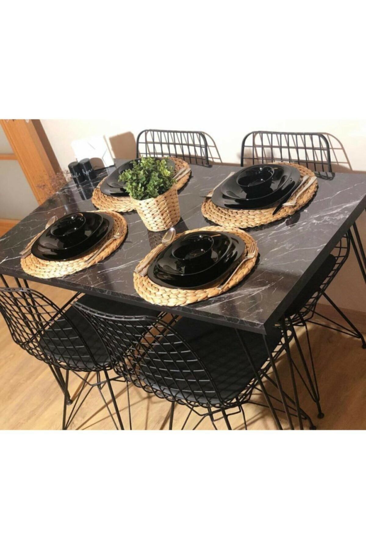Ahşap Center 4 Kişilik Yemek Masası Takımı-mutfak Masası Takımı-balkon Masa Takımı -siyah Mermer Desenli 80x120