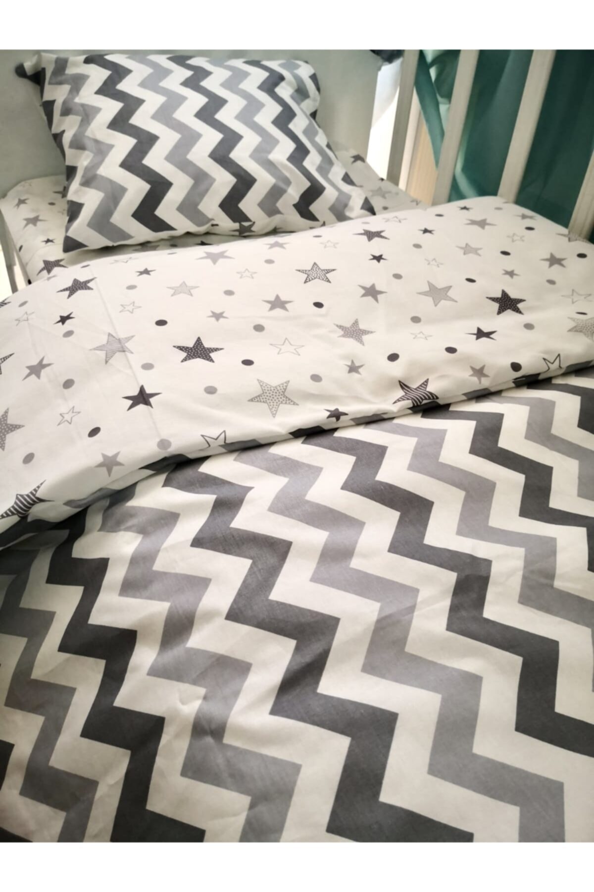 Bebek Özel %100 Pamuk Bebek/çocuk 60x120 Cm Yastık Çarşaf Yorgan Seti Gri Beyaz