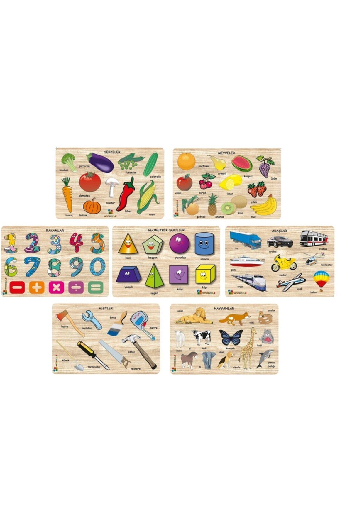 WOODZZLE 7'li Tam Set Ahşap Eğitici Öğretici Yapboz Bultak Sebzeler-meyve-sayı-aletler-hayvanlar-şekil-araç