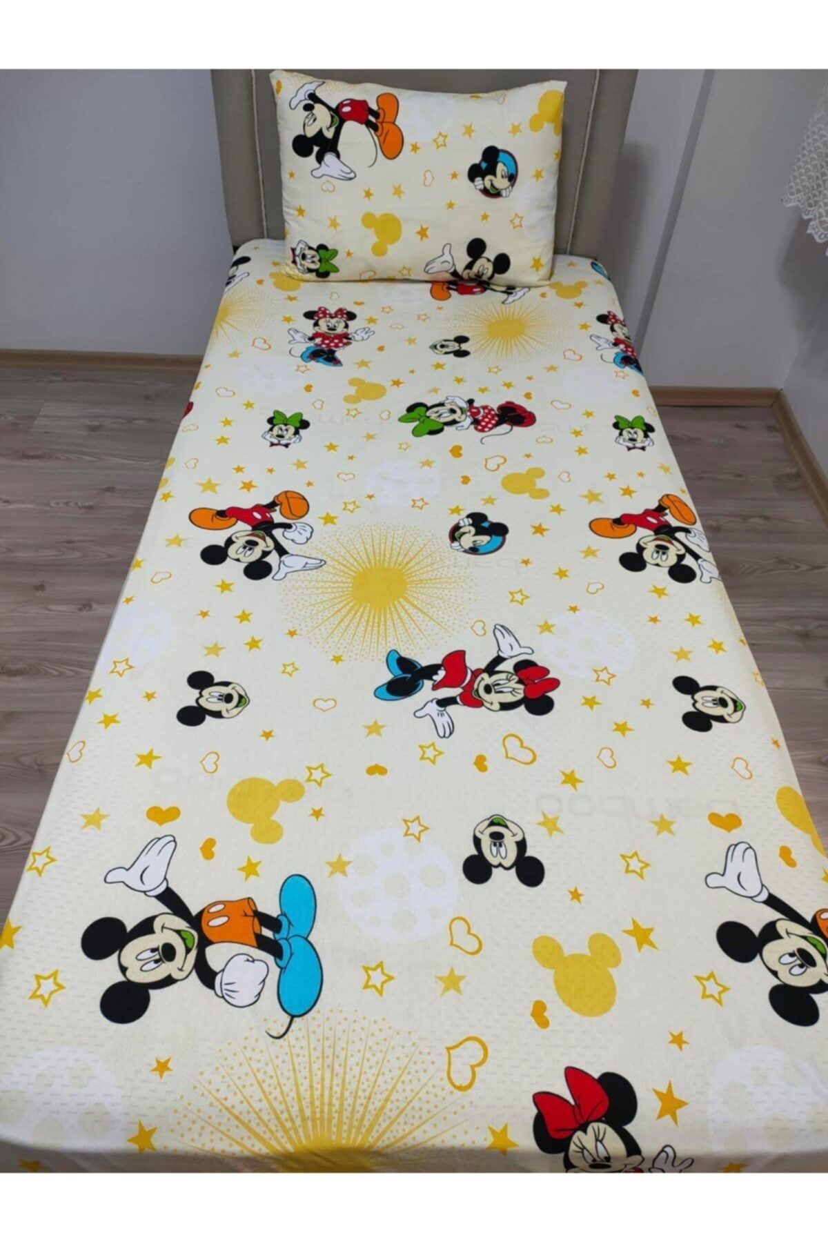 Süper's Tek Kişilik Ara Beden 120x200 Ranforce Lastikli Çarşaf Takımı Sarı Mickey Mouse