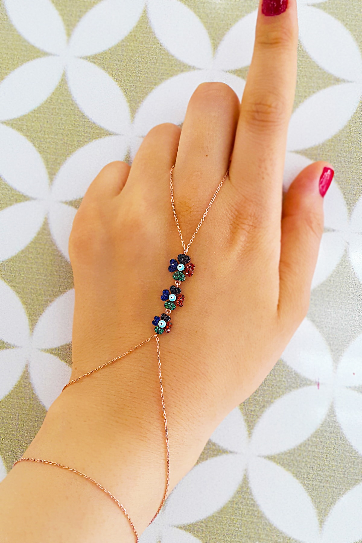 Aykat Şahmeran Eldiven Rose Gümüş Bileklik Ele Takılan Yonca Modeli Bileklik Takı Eld-14