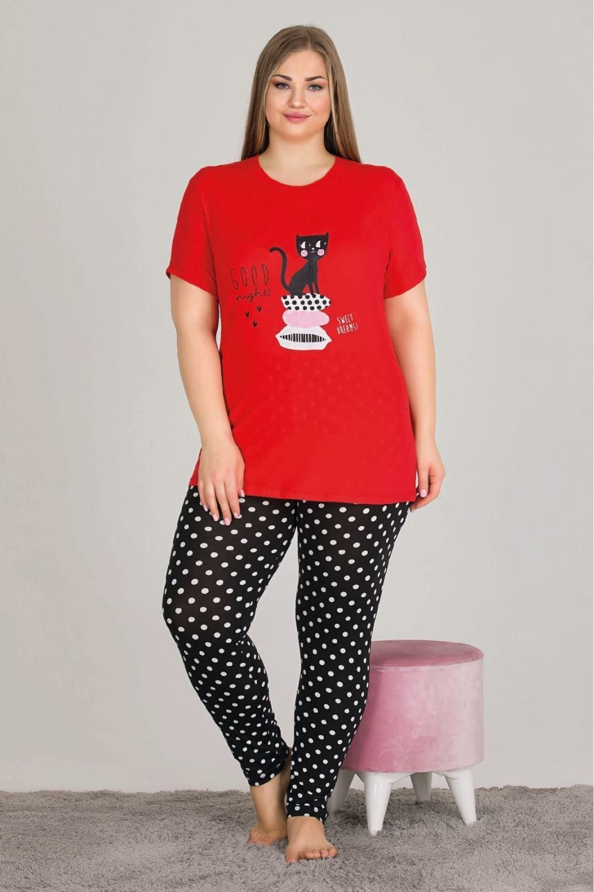 Truva XXL Büyük Beden Kadın Giyim Pijama Takımı Kırmızı Puantiyeli