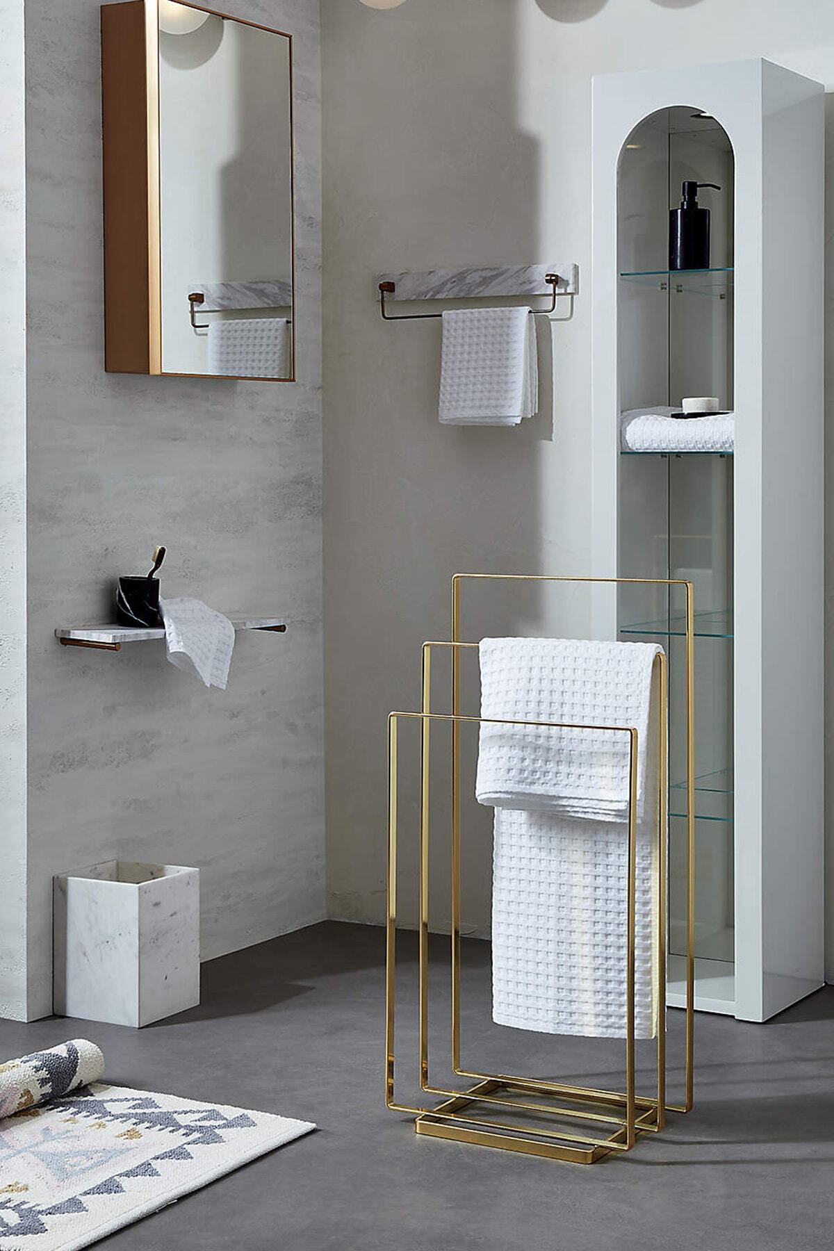 3art Metal Dekoratif Metal Ayaklı Askılık - Üçlü Set Ayaklı Havluluk - Banyo Askılığı
