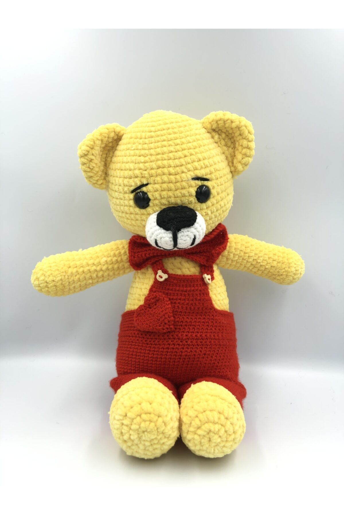FourSistersHandMade Agucuk Bebe Kırmızı Tulumlu Sarı Ayıcık