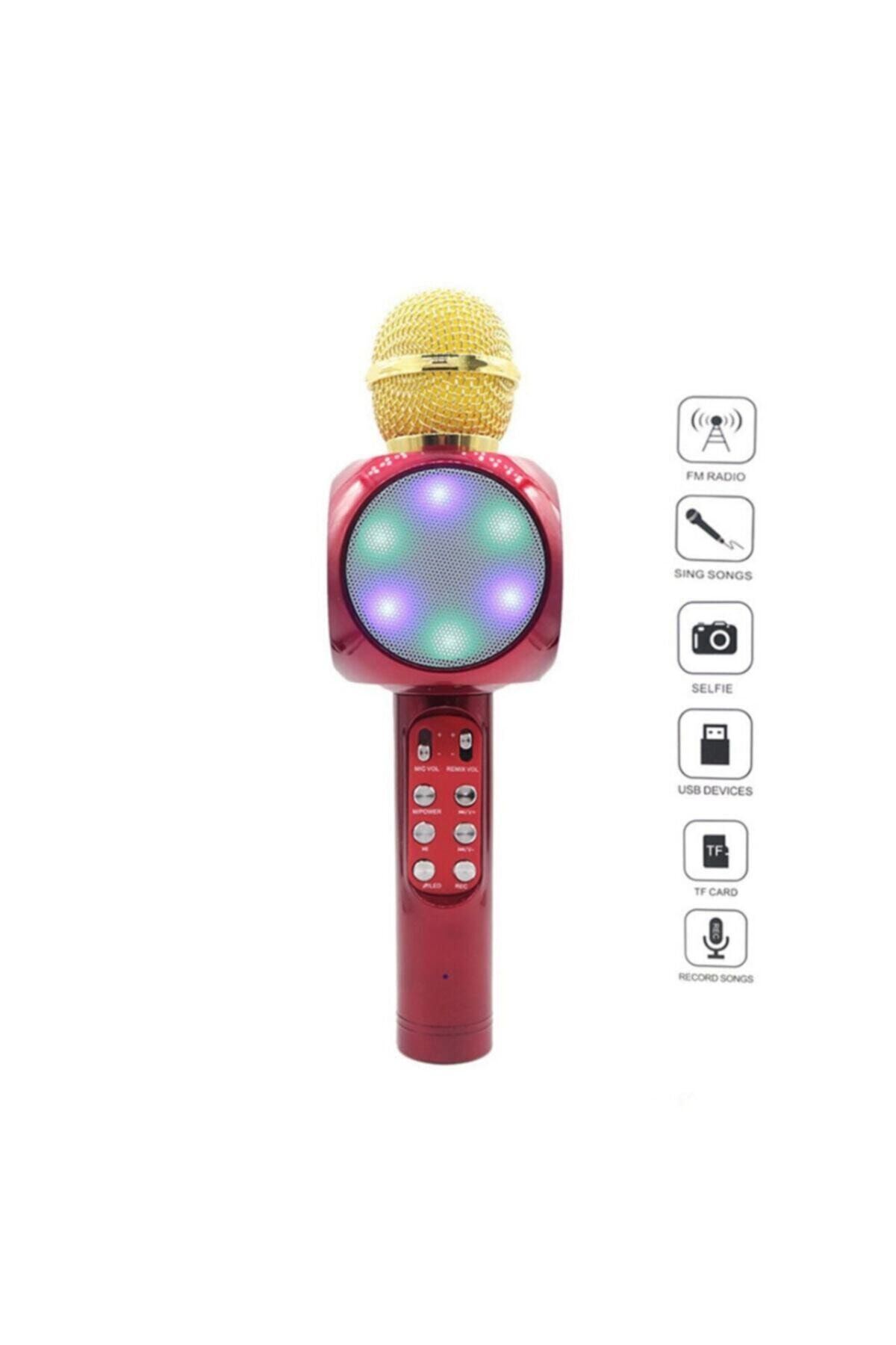 Wster Led Işıklı Karaoke Mikrofon Ses Topu Bluetooth Hoparlör Sd Kart Usb Aux Kırmızı