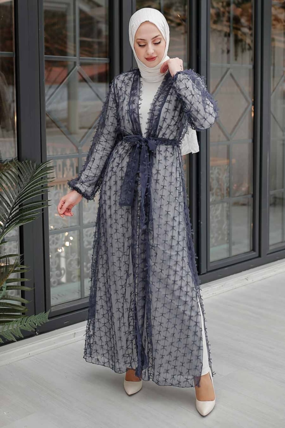 Neva Style Kemerli İndigo Mavisi Tesettür Abaya 353600ım