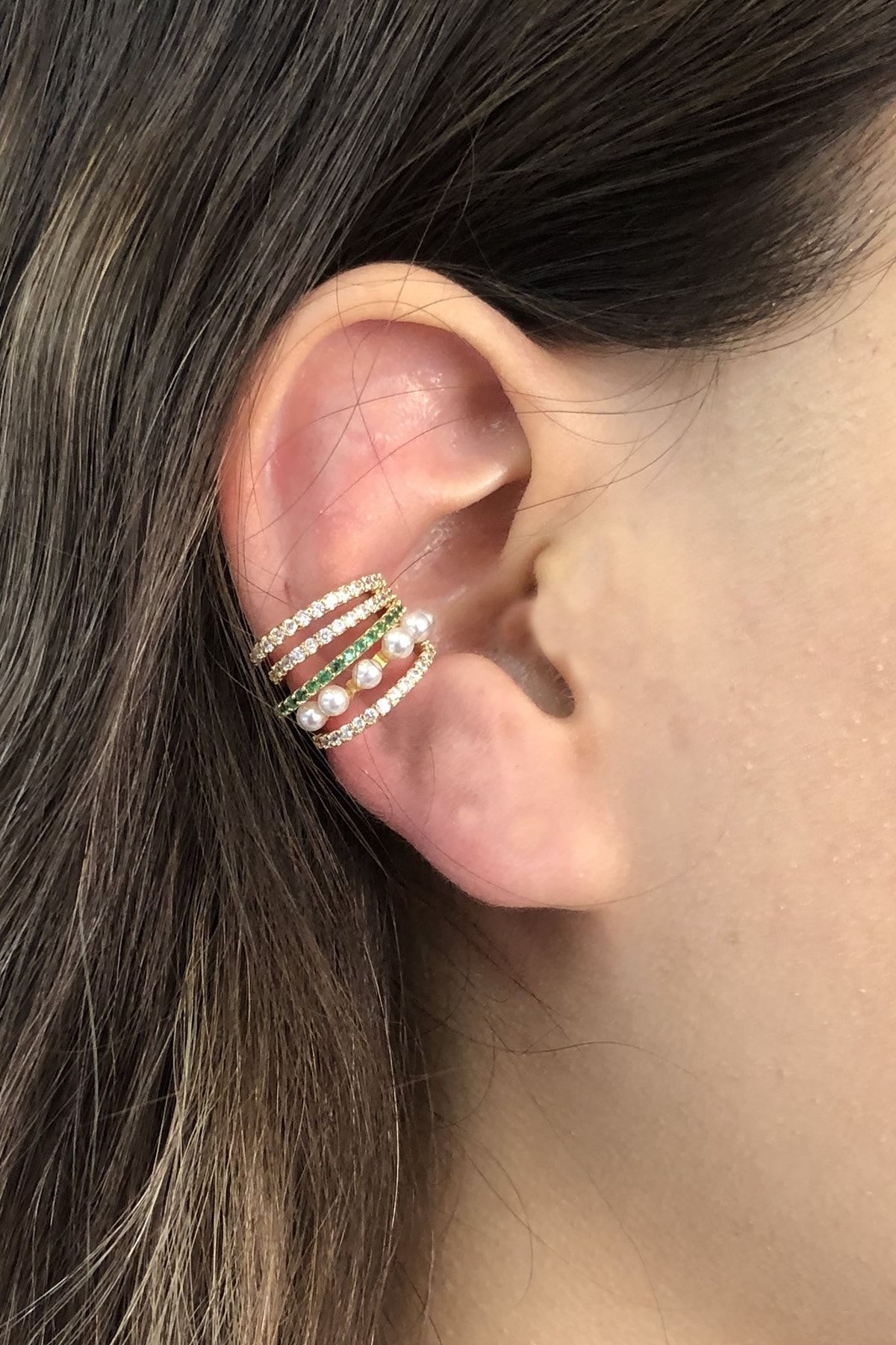 İnci Accessories Kadın Earcuff Sıkıştırma Çelik Zirkon Taşlı İncili Küpe