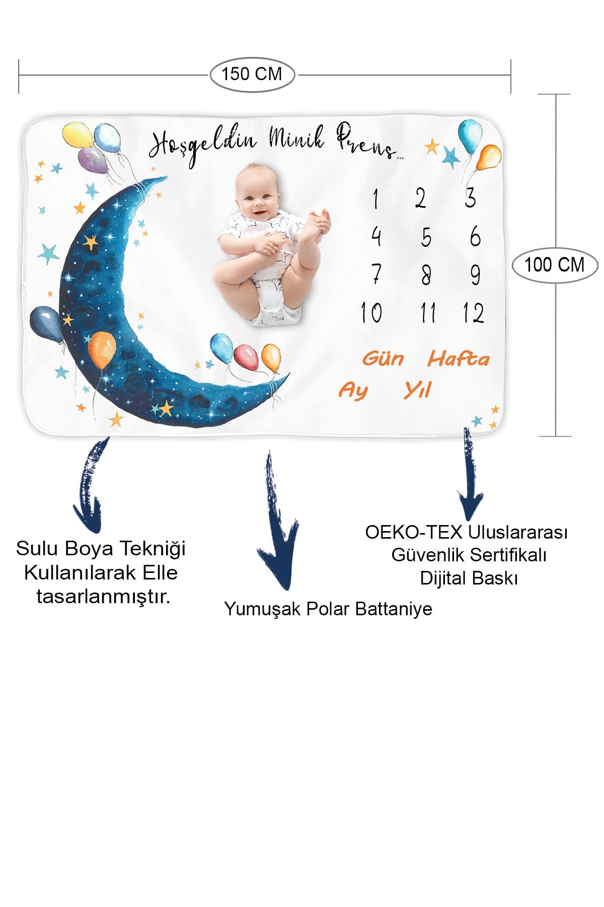 Bebek Hediye Aylık Fotoğraf Anı Battaniyesi, Erkek Bebek Yeni Doğan Baby Shower Doğum