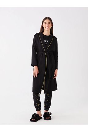 LCW DREAM Yeni Siyah Şal Yaka Baskılı Uzun Kollu Kadın Sabahlık Image 1