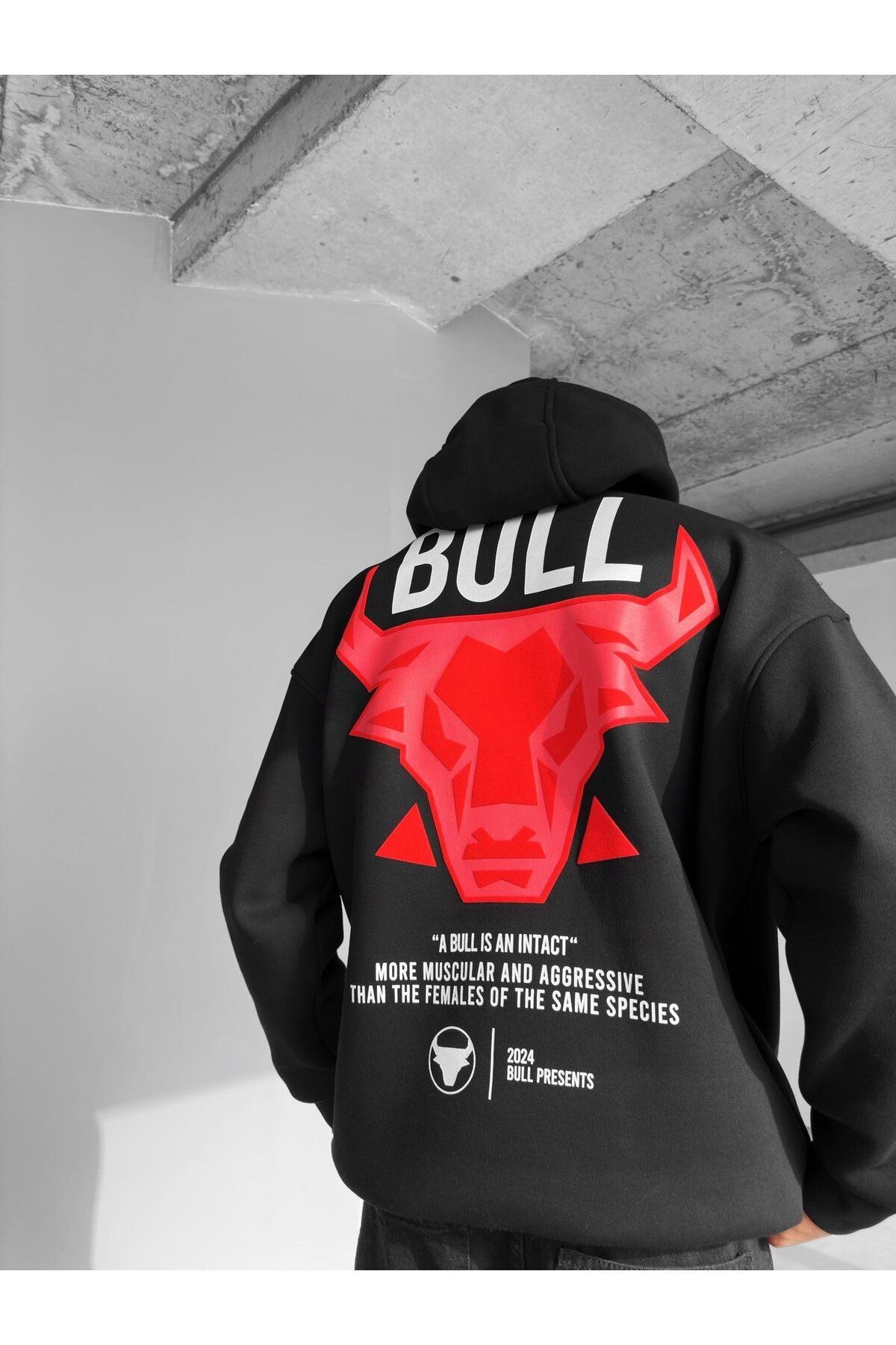 Erkek Oversize Bull Baskılı Hoodie Siyah