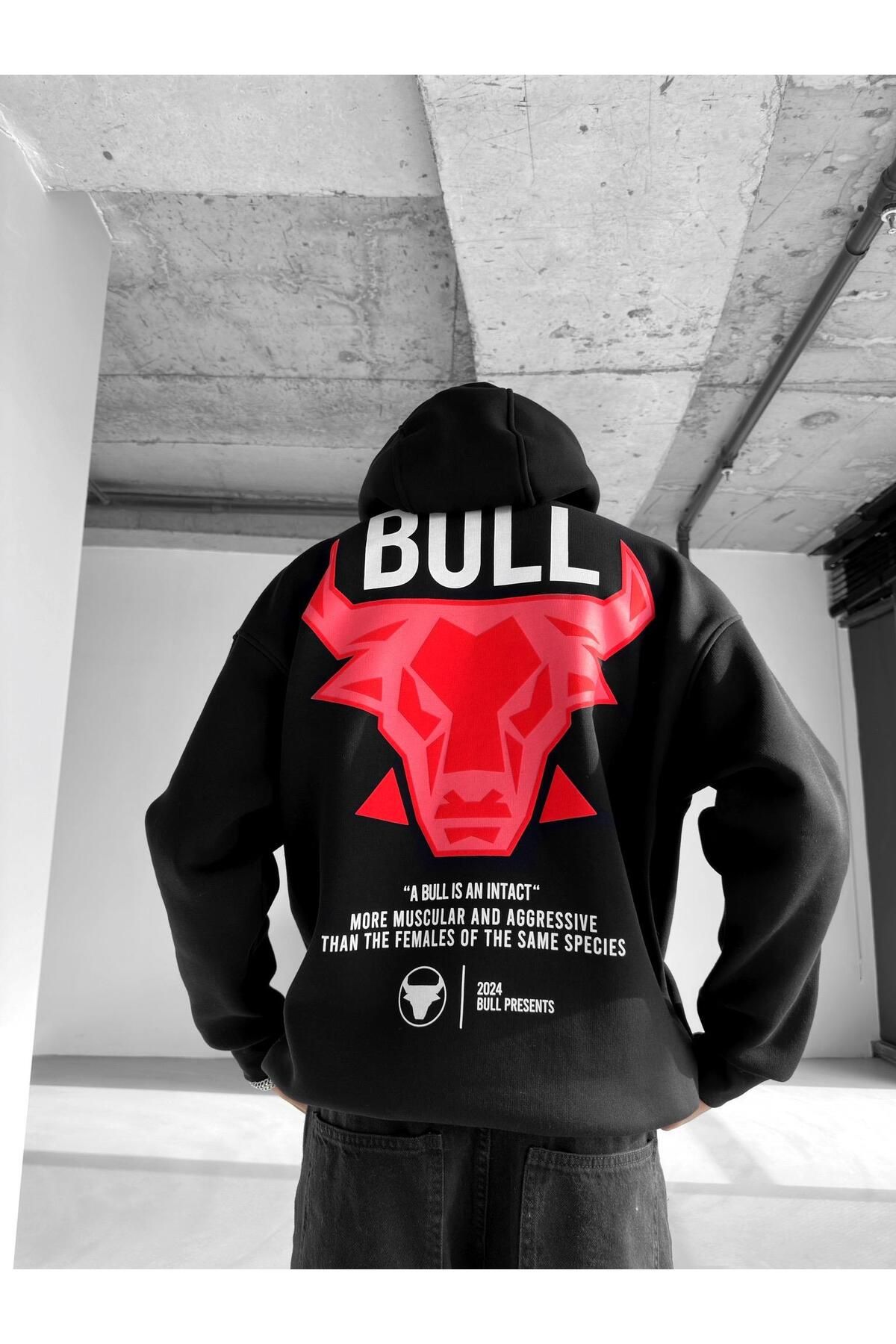 Erkek Oversize Bull Baskılı Hoodie Siyah