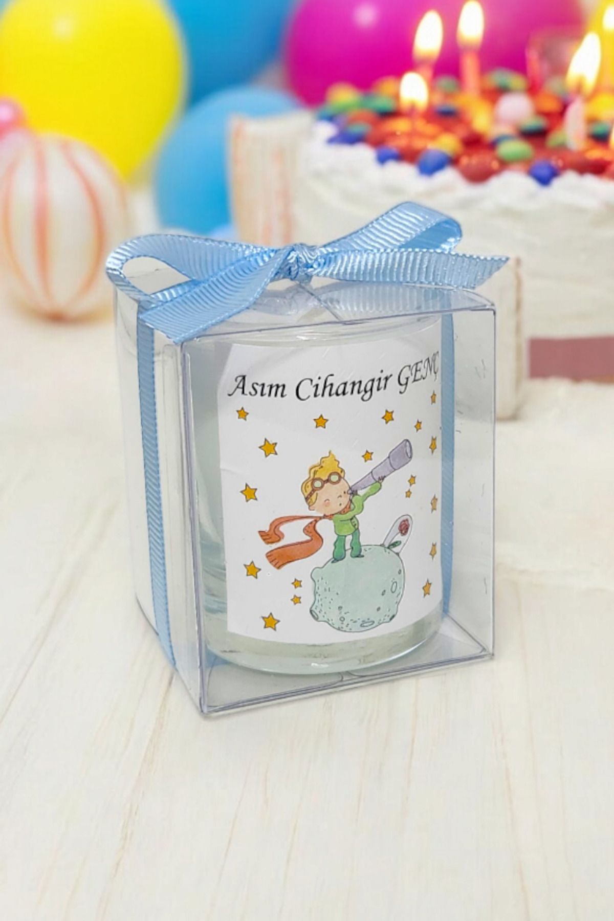 شمع شیشه ای 10 عددی تزیین شده آبی با چاپ گیفت کودک شازده کوچولو