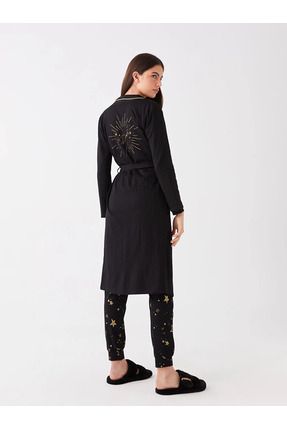 LCW DREAM Yeni Siyah Şal Yaka Baskılı Uzun Kollu Kadın Sabahlık Image 0