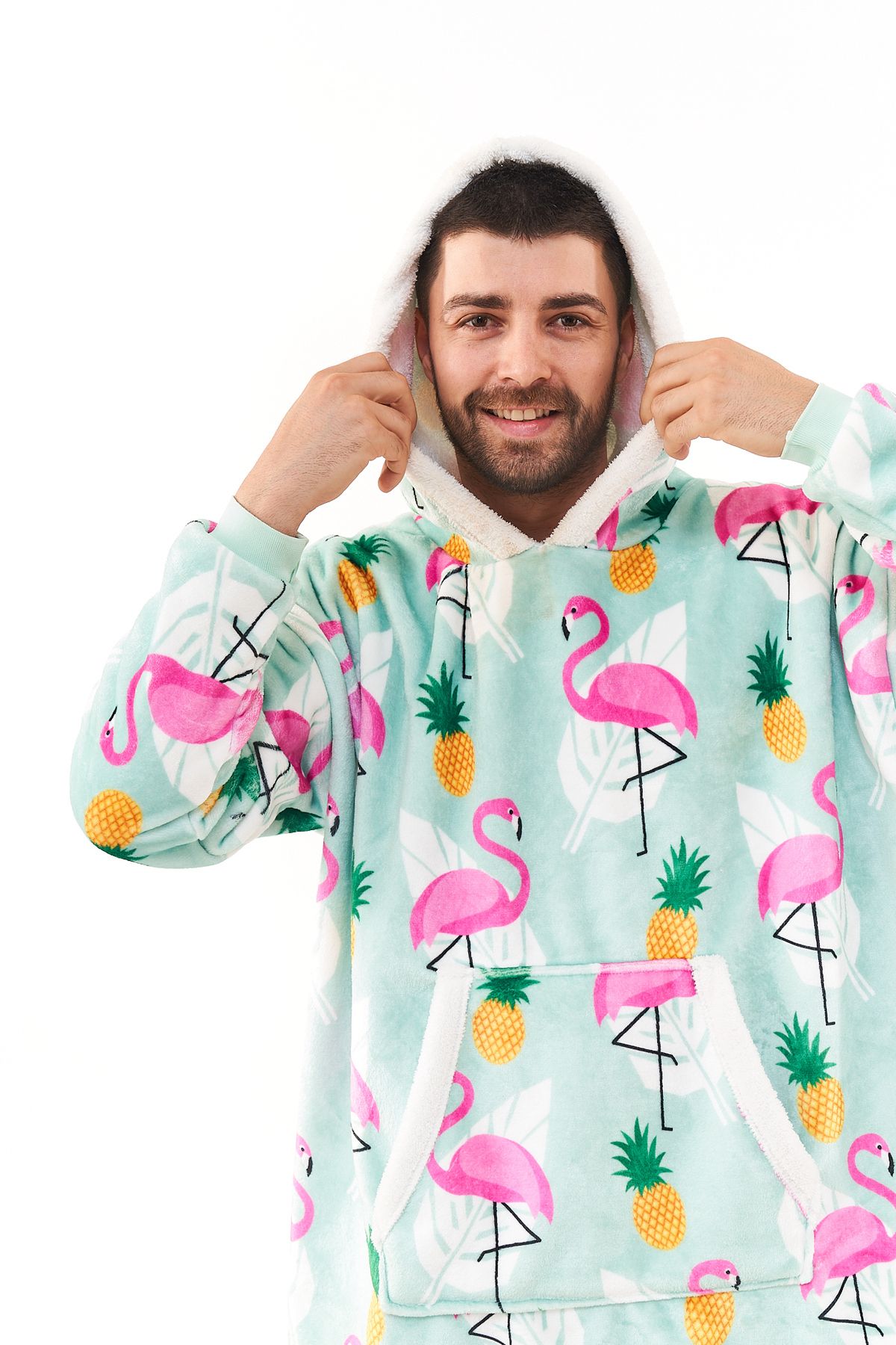 Oversize Flamingo Baskılı Kapüşonlu Hoodie / Sweatshirt - Giyilebilir Battaniye