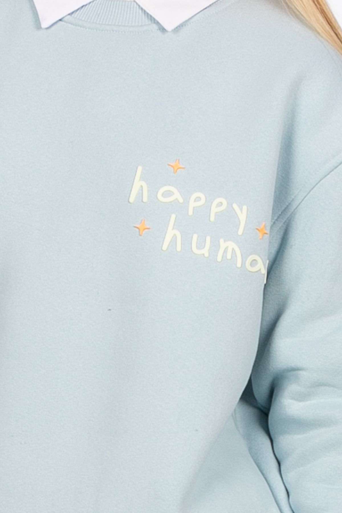 Happy Human Baskılı Sweatshirt - Açık Mavi