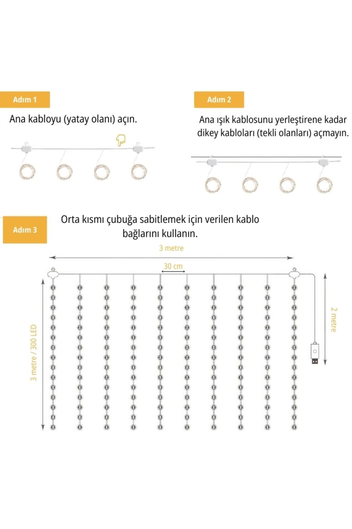 8 Fonksiyonlu 300 Ledli Perde Led Işık-uzaktan Kumandalı, 3x3 Metre