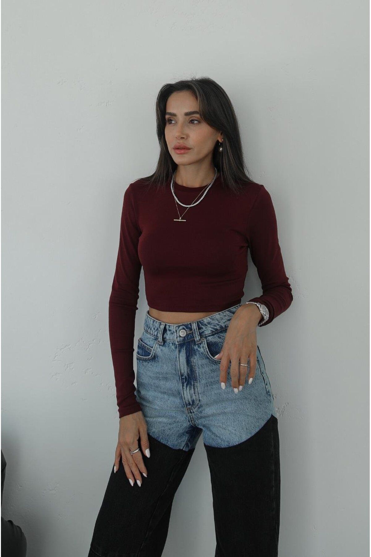 Bordo Uzun Kollu Crop Top