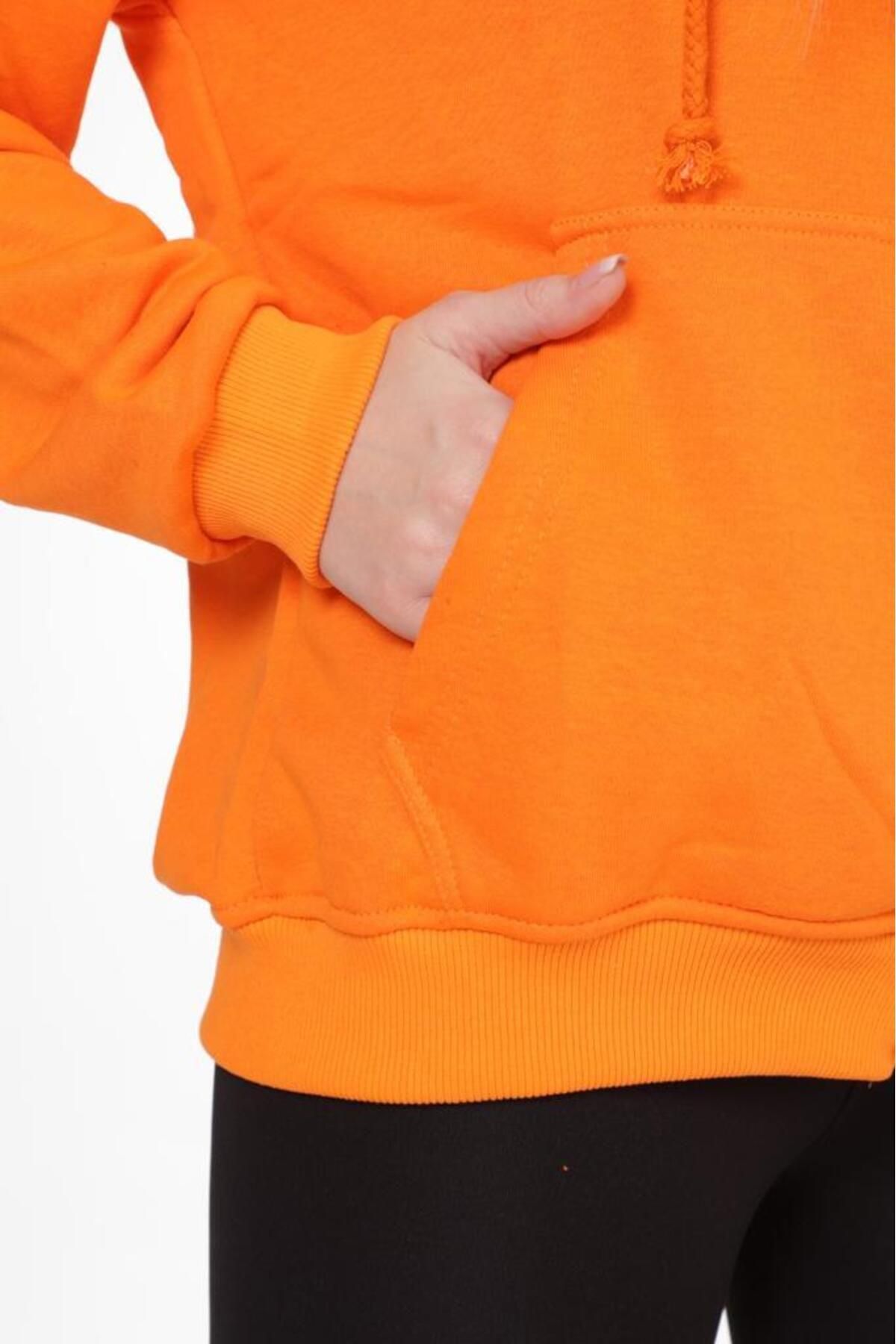 Kadın Kapüşonlu Üç İplik Owersize Fermuarlı Sweatshirt Turuncu