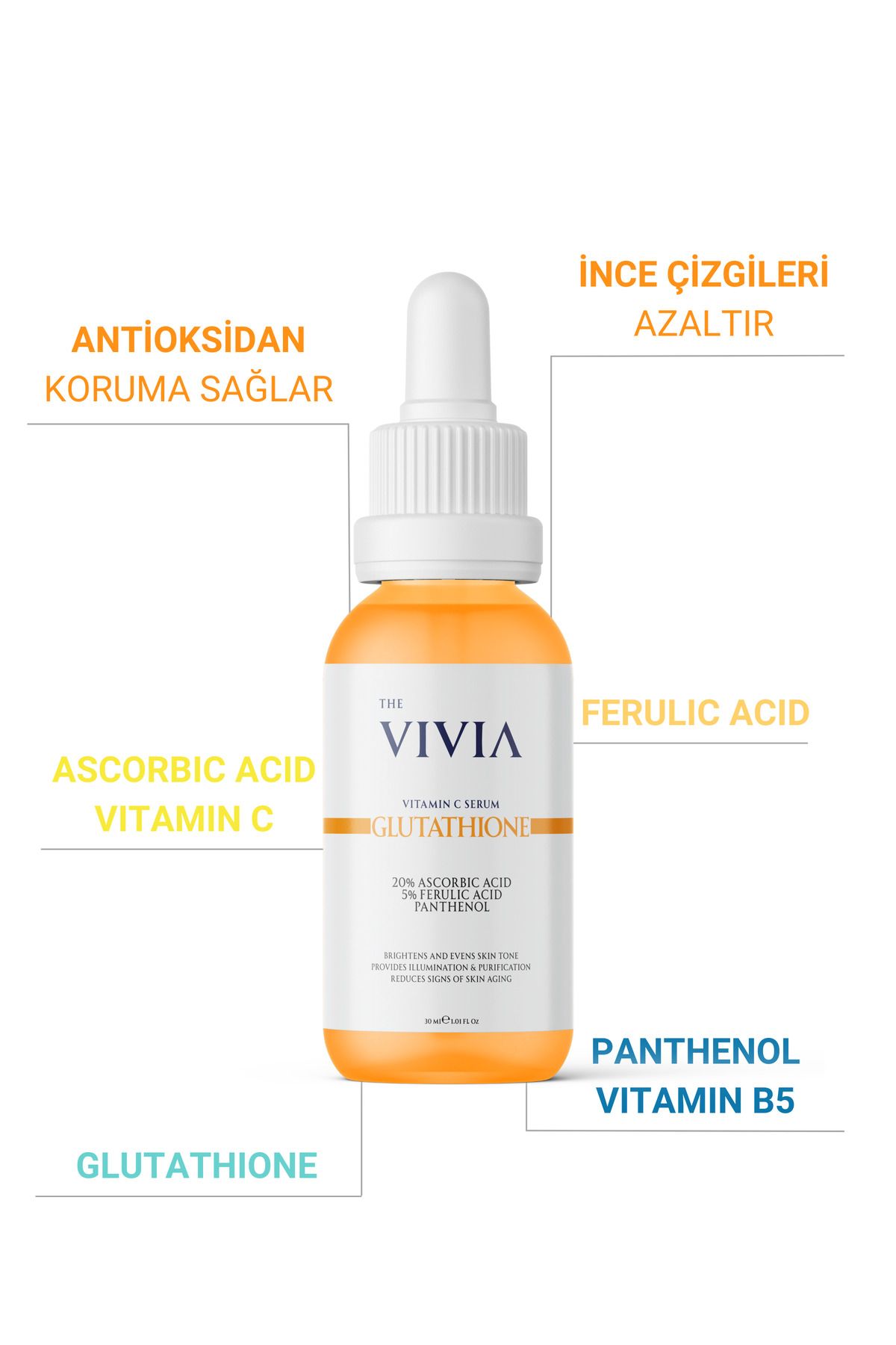 Leke Karşıtı Aydınlatıcı C Vitamini Serum Glutatyon, %20 Askorbik Asit, %5 Ferulik Asit 30 ml