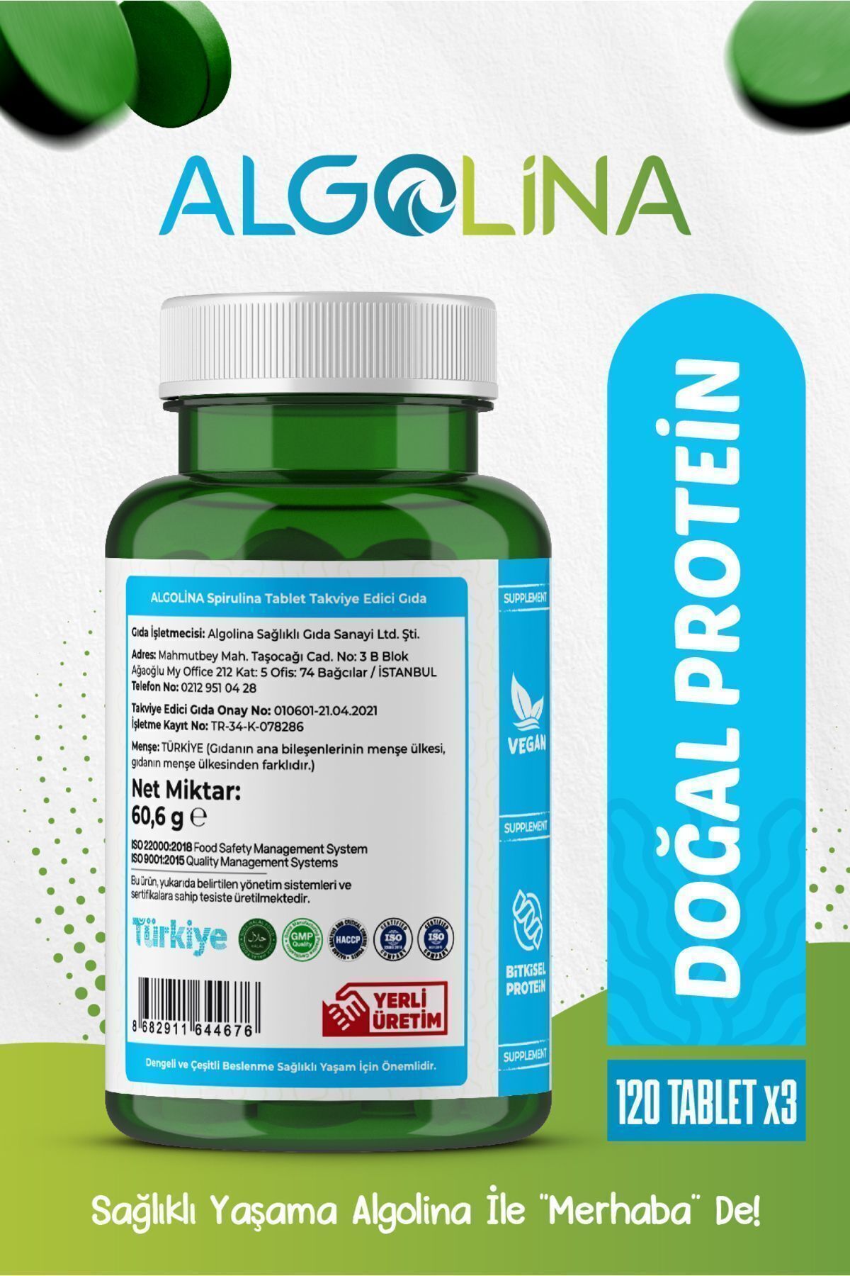 Spirulina 120 Tablet 525 Mg Protein - Takviye Edici Gıda (3 ADET)