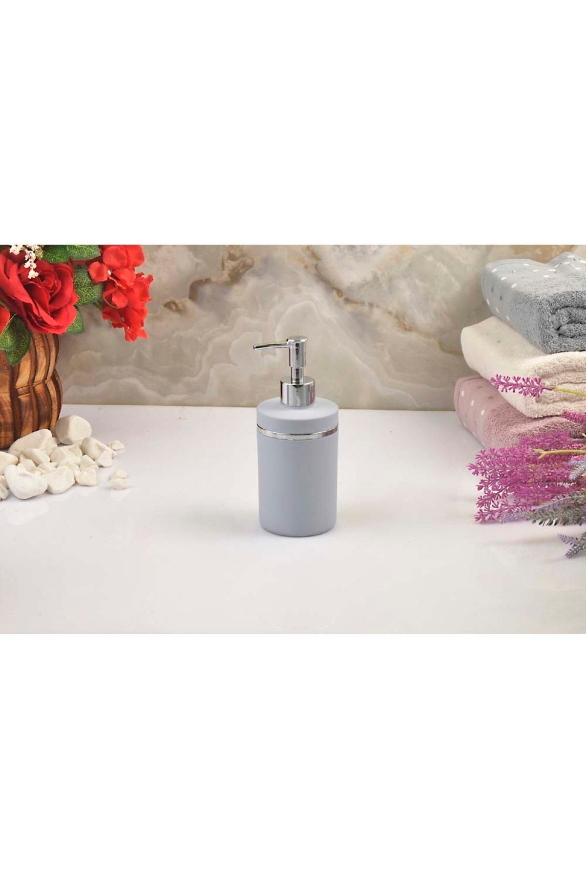 İmera Akrilik Yuvarlak Soft Banyo Sıvı Sabunluk 400 Ml Gümüş Çizgi Mavi