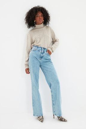 TRENDYOLMİLLA Mavi Bel Detaylı Yüksek Bel 90's Wide Leg Jeans TWOSS21JE0385