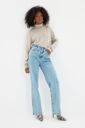TRENDYOLMİLLA Mavi Bel Detaylı Y&uuml;ksek Bel 90's Wide Leg Jeans TWOSS21JE0385