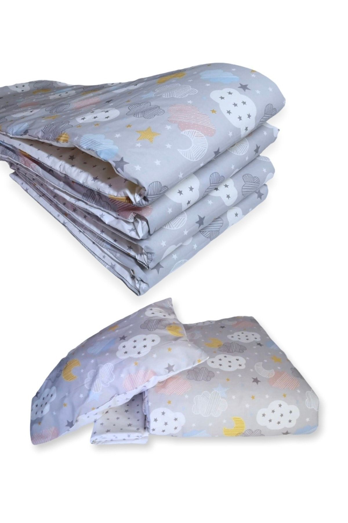 Bebek Özel %100 Pamuk 70x120 Park Beşik Kenar Koruma Uyku Seti Gri Ay Bulutlu (7 Parça)