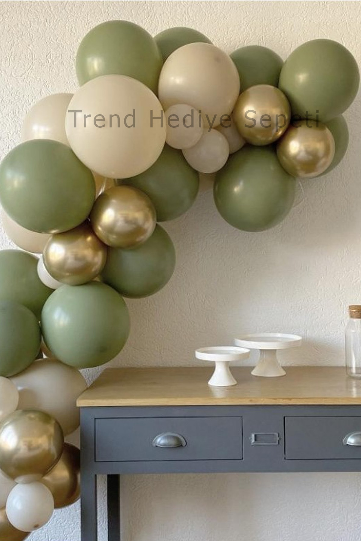 Trend Hediye Sepeti Retro Deniz Kumu White Sand Pastel Küf Yeşili Adaçayı Krom Gold 100 Adet Balon Zinciri