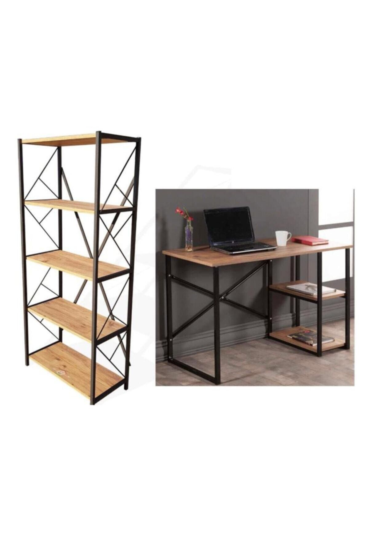 STONE CONCEPT MOBİLYA 5 Raflı Kitaplık Ve Çalışma Masası 2li Set Çam