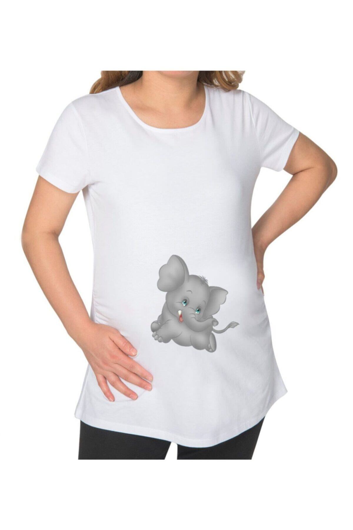 BK Gift Bebek Fil Tasarımlı Beyaz Hamile Tişört-2