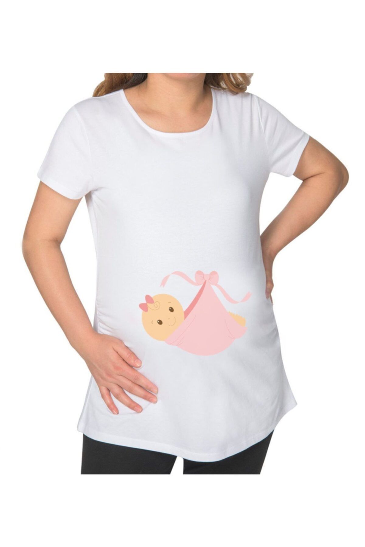 BK Gift Kız Bebek Tasarımlı Beyaz Hamile Tişört-3