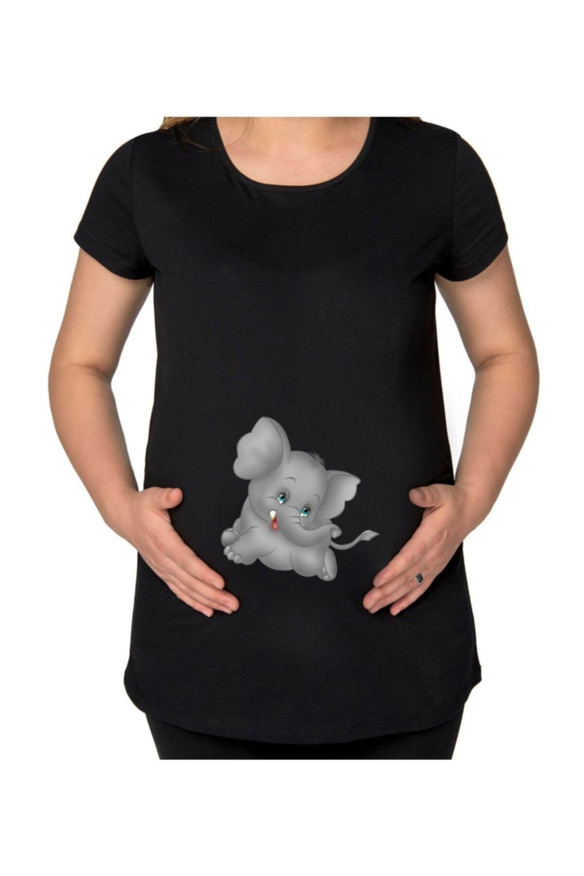 BK Gift Bebek Fil Tasarımlı Siyah Hamile Tişört-2