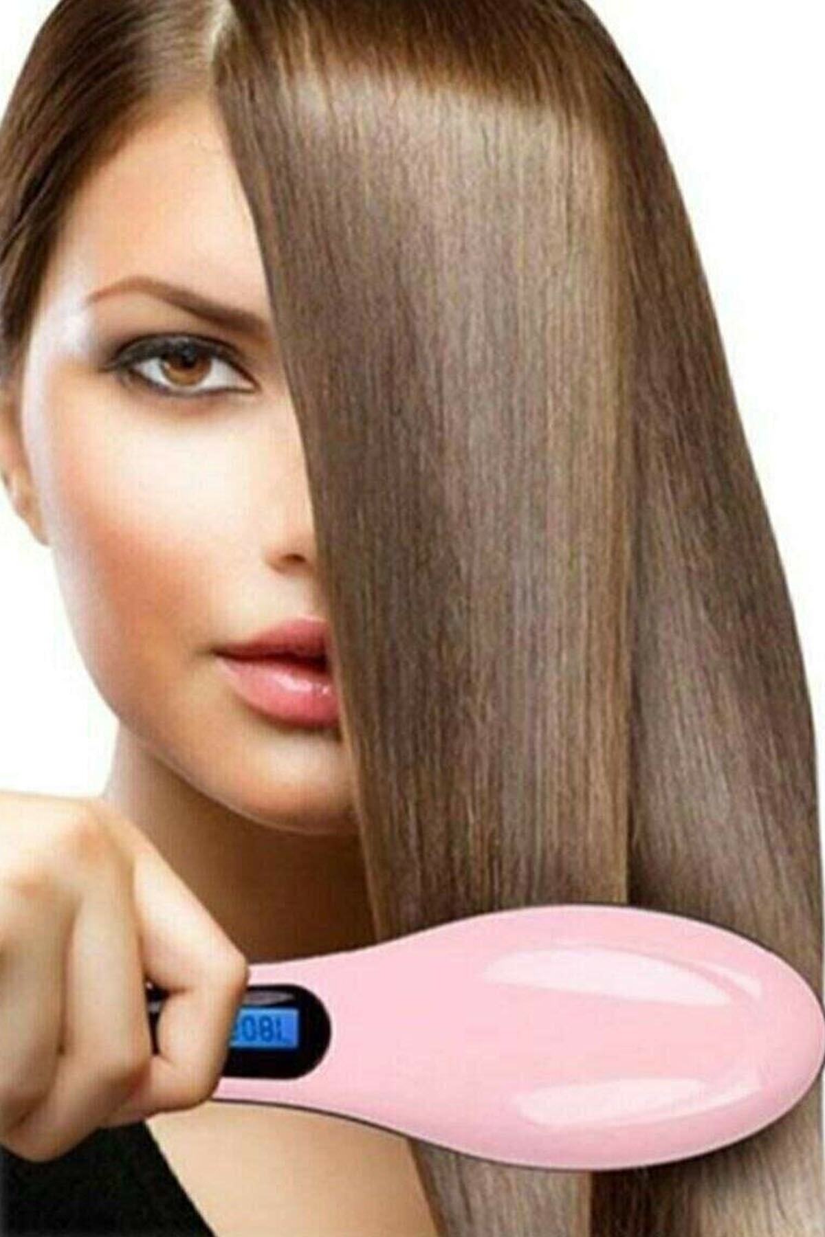 Amasra Elektrikli Saç Düzleştirici Tarak Fast Hair Straightener Pratik Pembe Saç Kurutma Tarağı