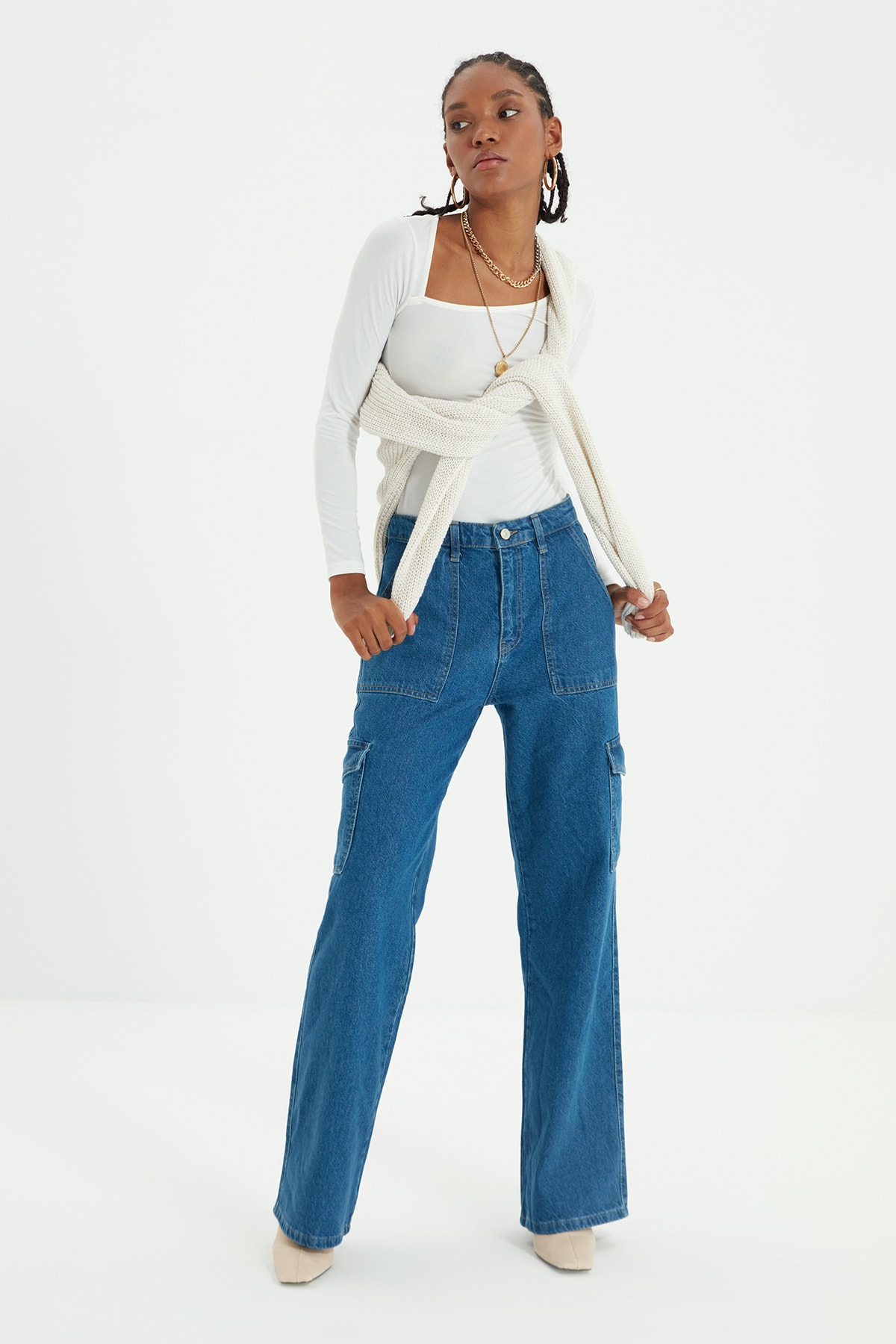 TRENDYOLMİLLA Mavi Kargo Cepli Yüksek Bel Wide Leg Jeans TWOAW22JE0393