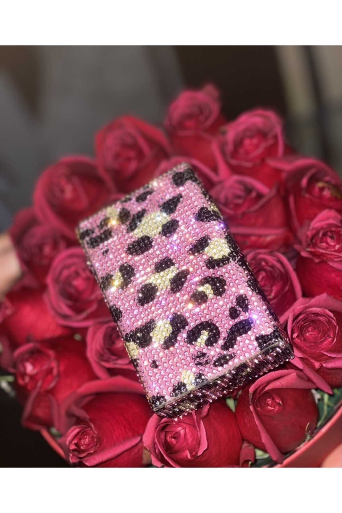 Zey Desing Black&Pink Leopar Değerli Taş Kaplama Sigaralık