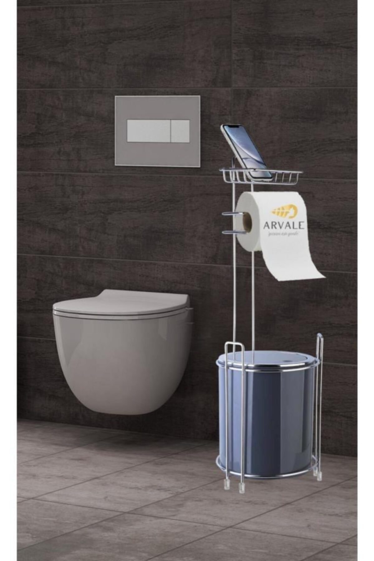 sinerjistore Paslanmaz Krom Wc Tuvalet Kağıtlık Ve Çöp Kovası Yuvarlak Mavi Modern Banyo Stand