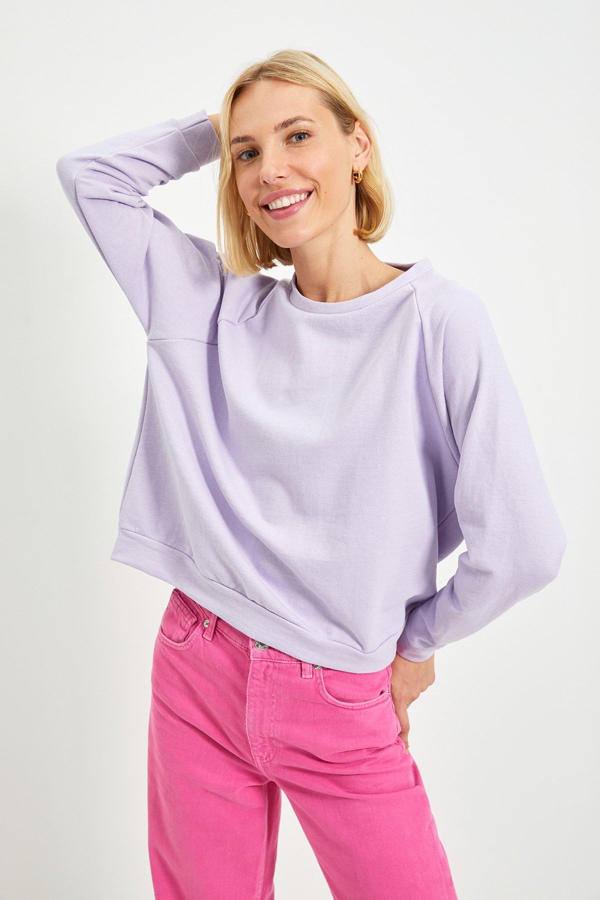 TRENDYOLMİLLA Lila Reglan Kol Basic Örme İnce Sweatshirt TWOAW20SW0055