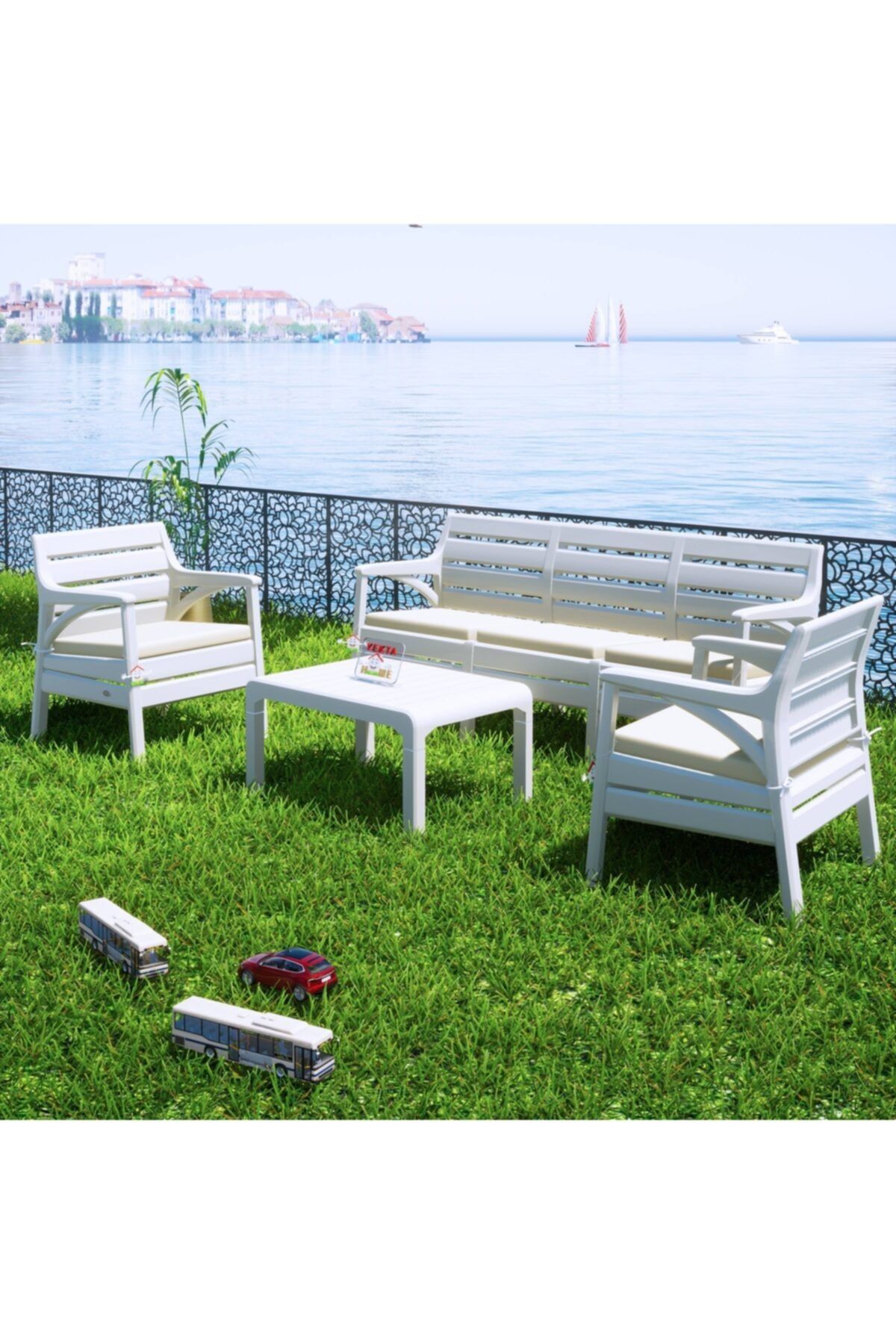 Holiday Hawai Bahçe Ve Balkon Seti Pembe Minderli Oturma Grubu Beyaz