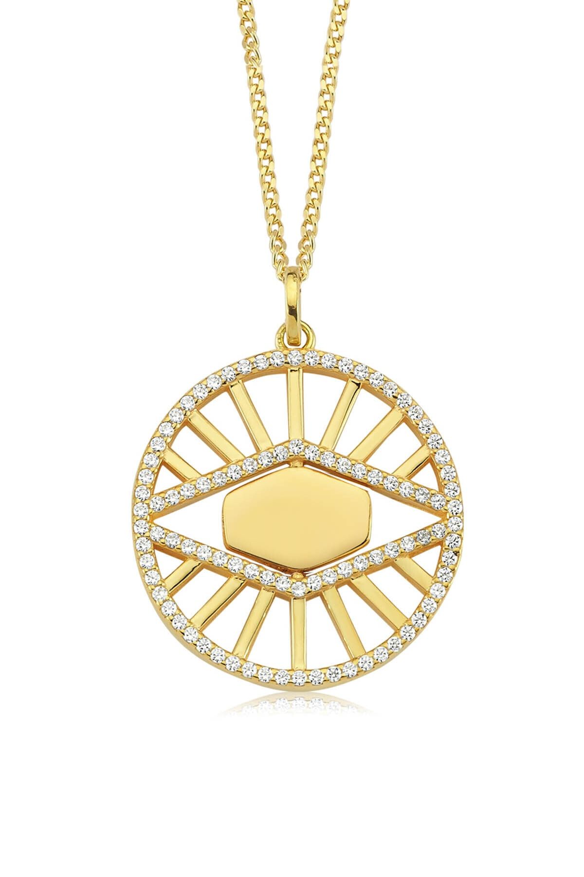 Valori Jewels Göz Madalyon, Zirkon Beyaz Taşlı, Altın Rengi Gümüş Kolye