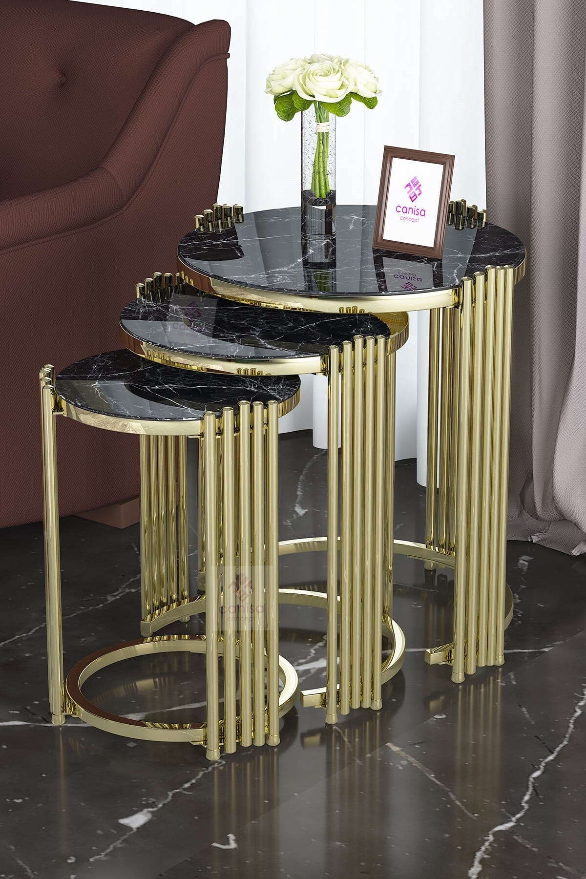 Canisa Concept Canisa Sinem Serisi - Orijinal Cam 3 Lü Zigon Sehpa Takımı Siyah Mermer Desenli / Gold
