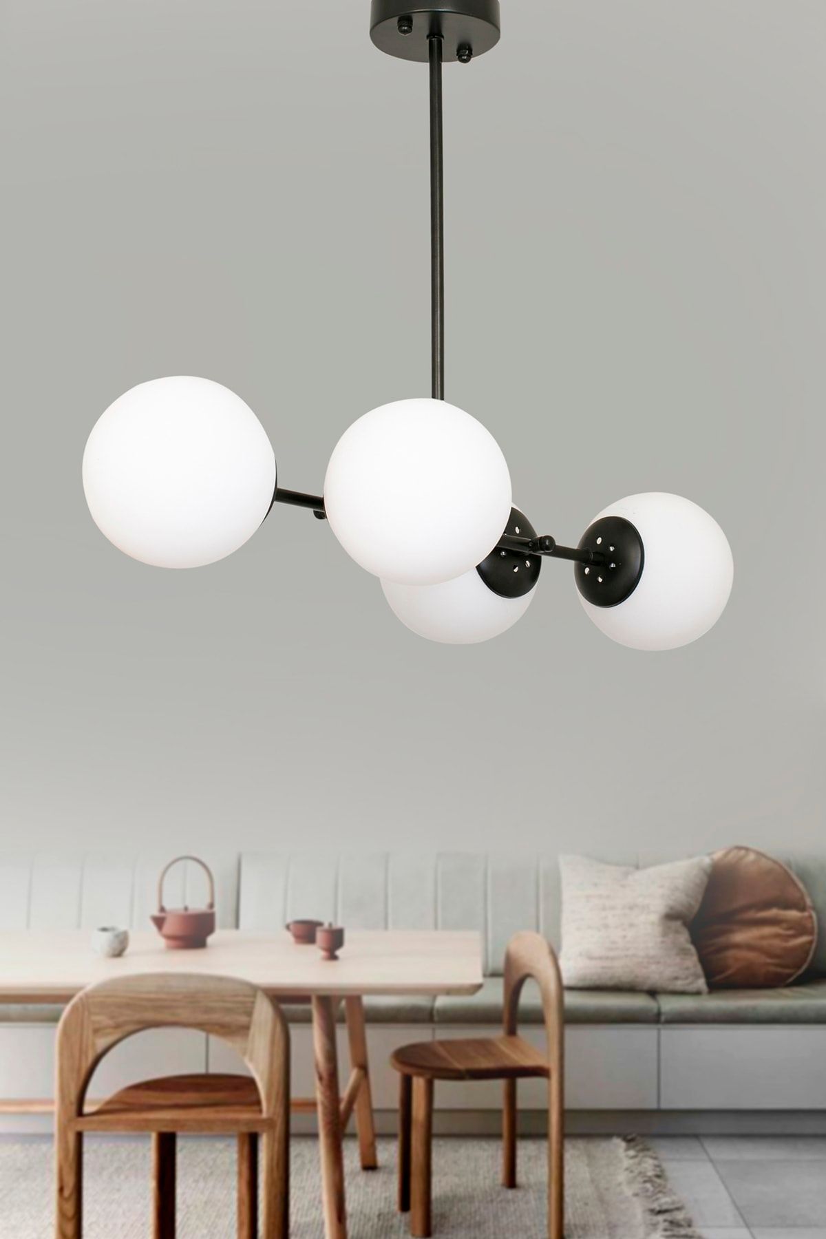 Dekorluna Modern Lara 4lü Siyah Salon Yemek Masası Beyaz Camlı Avize