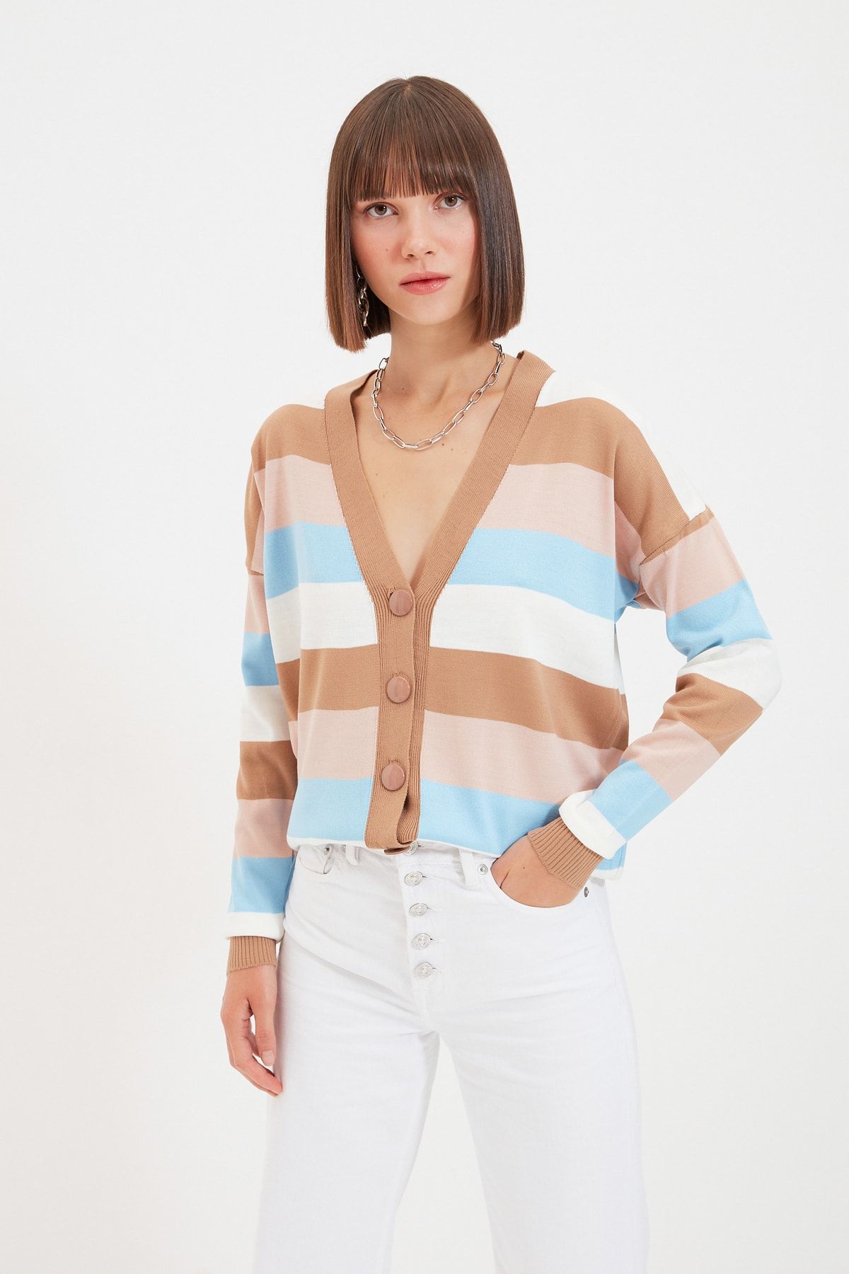 TRENDYOLMİLLA Camel Çizgili Tirko Hırka TWOAW22HI0592