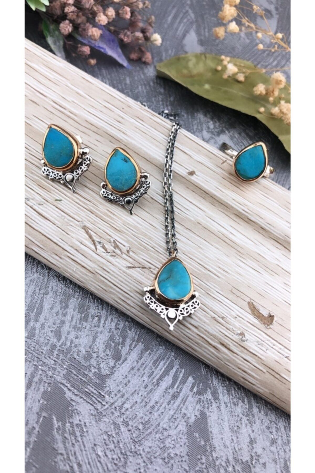 Joel Jewelry Damla Kesim Turkuaz Taşlı Otantik Gümüş Set