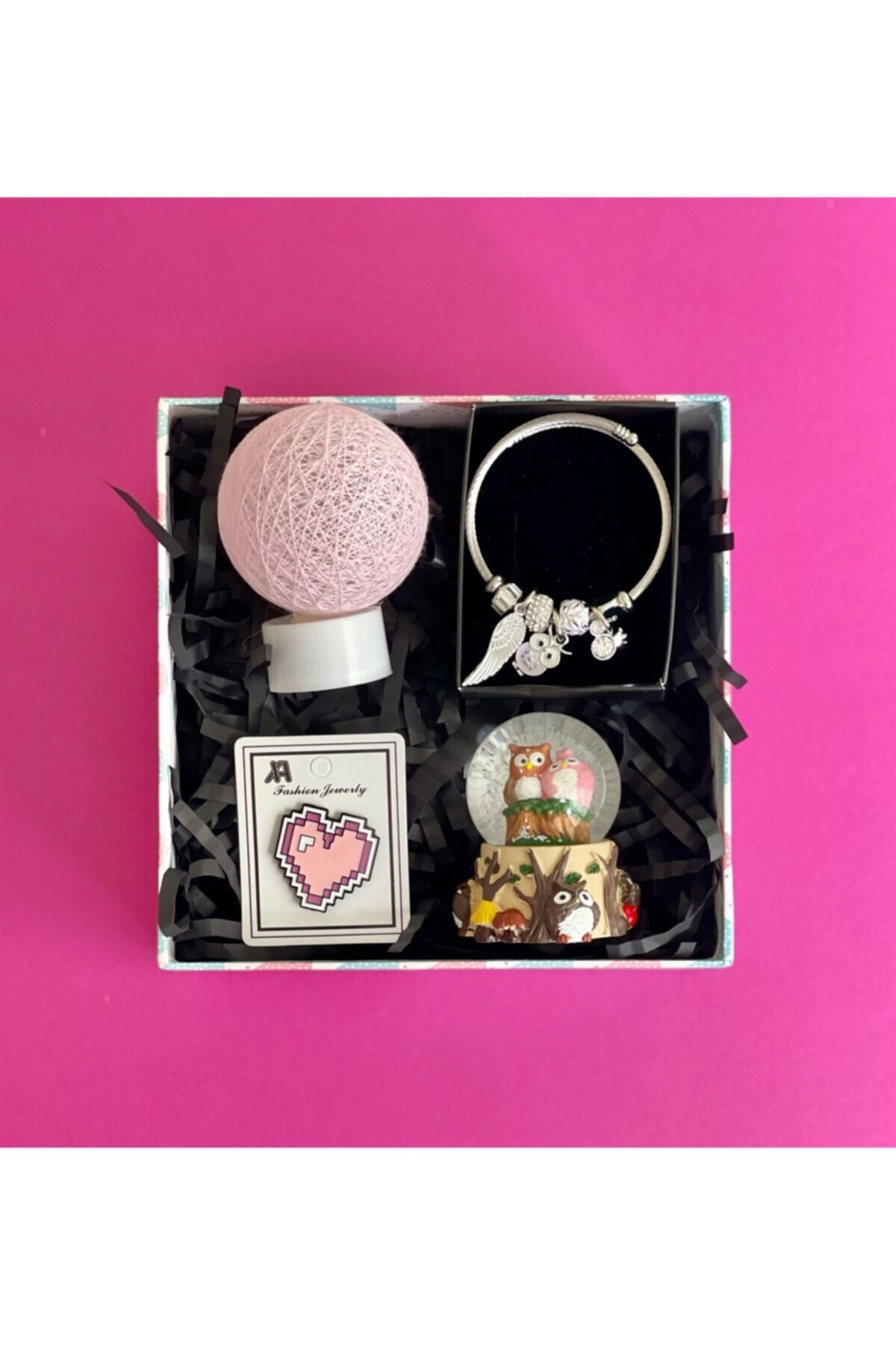 Gift Moda Mini Baykuş Kar Küresi Hasır Lamba Rozet Ve Baykuş Pandora Bileklik Mini Hediye Seti
