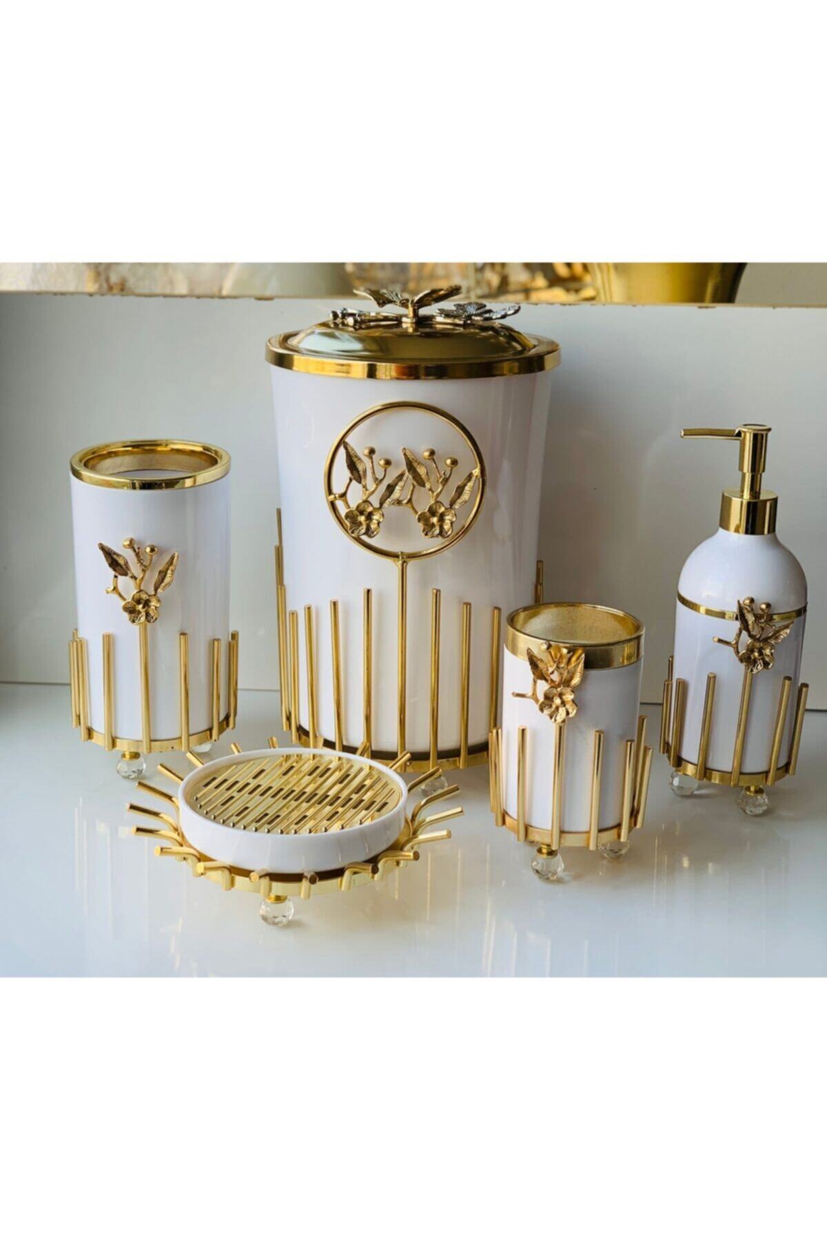 Kardelen Kristal Japon Gülü Gold 5 Parça Banyo Seti