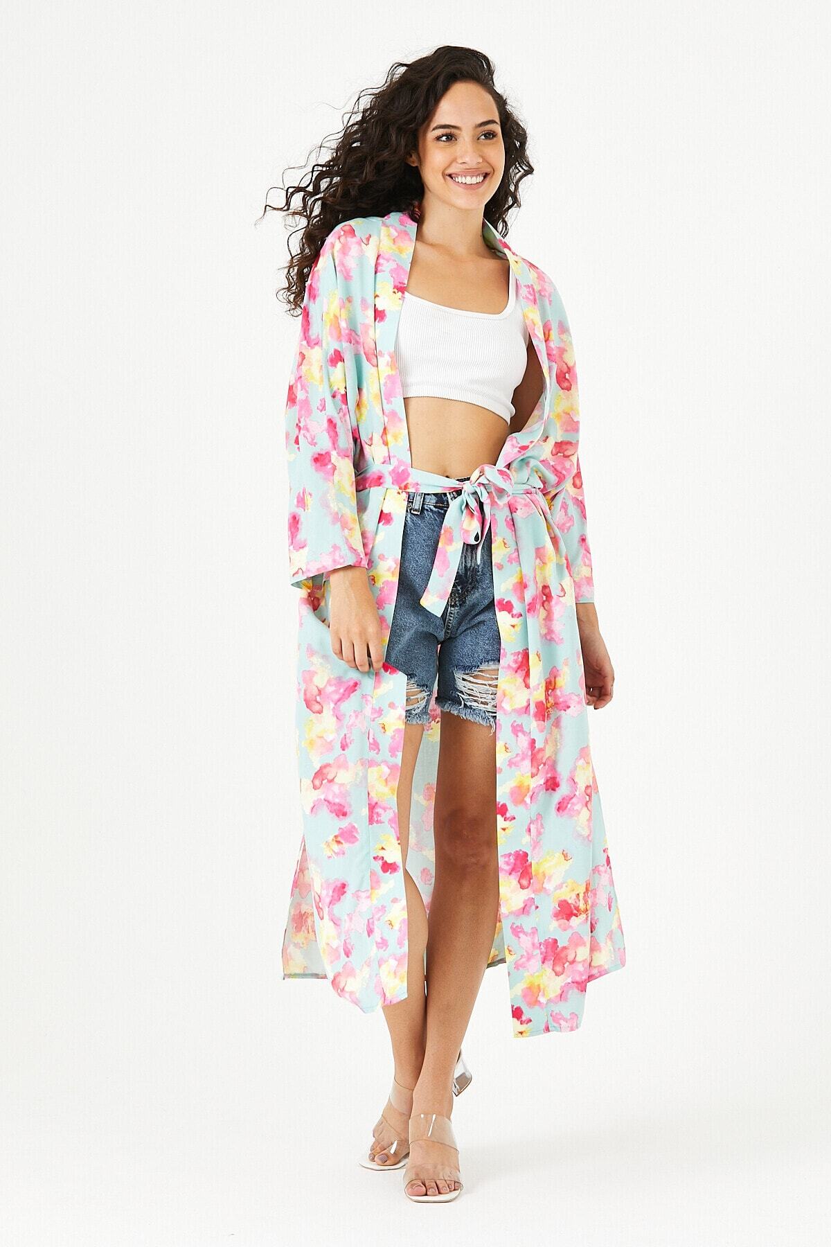 Coco's Moda Uzun Çiçek Desen Kimono