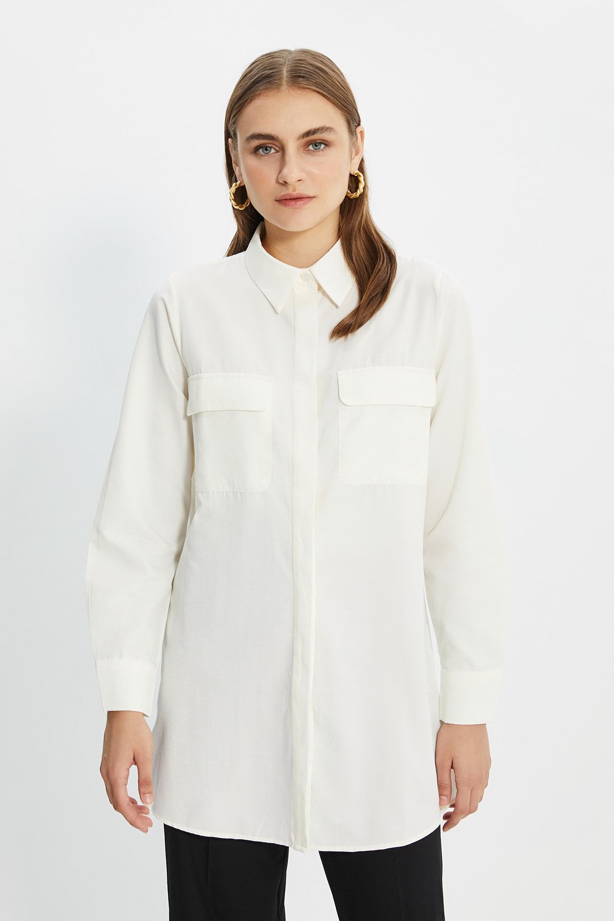Trendyol Modest Ekru Gömlek Yaka Tunik TCTSS21TN0058