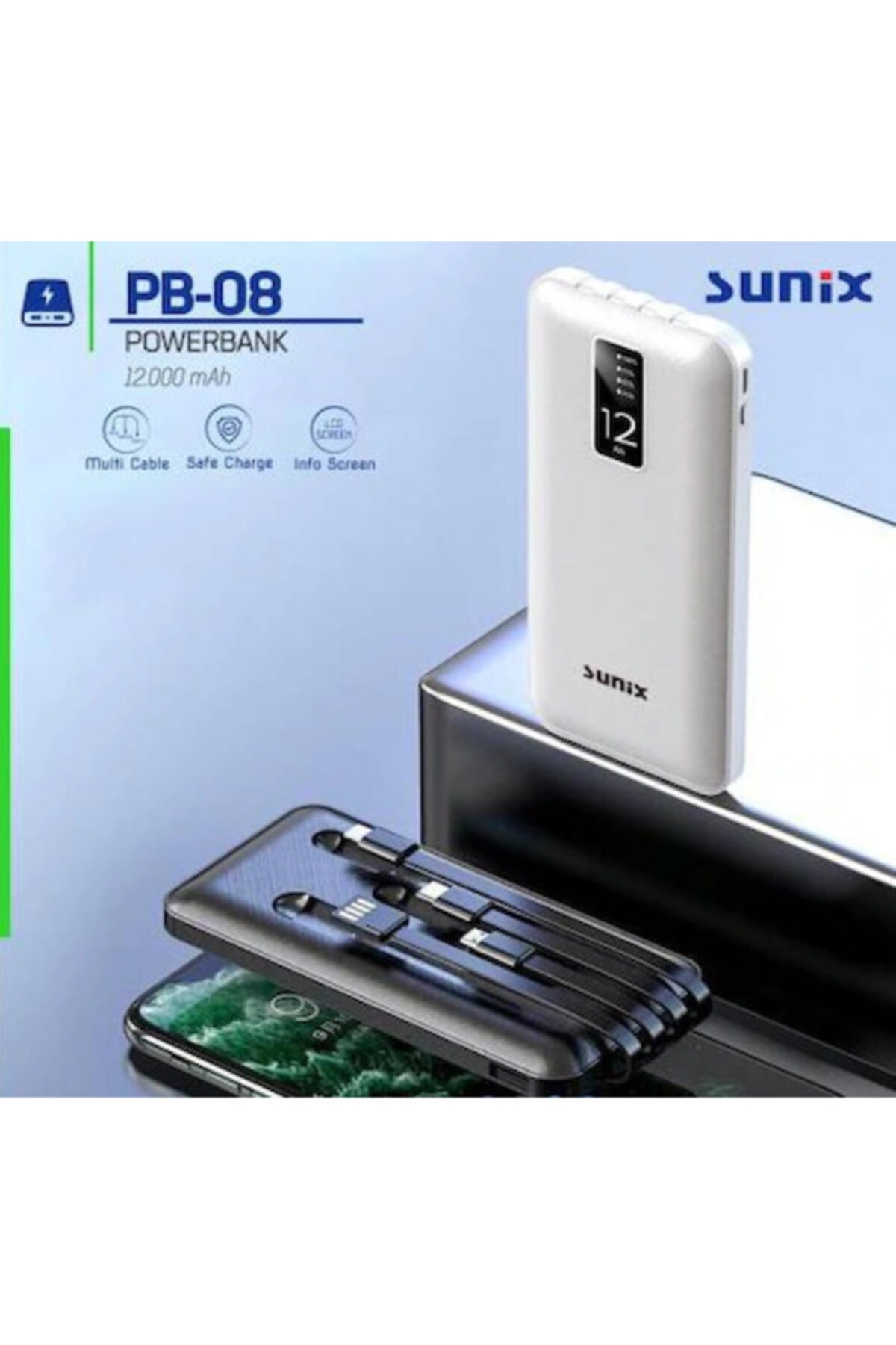 Sunix Micro, Ios Lightning, Type-c Çıkışlı Led Göstergeli Powerbank 12000 Mah