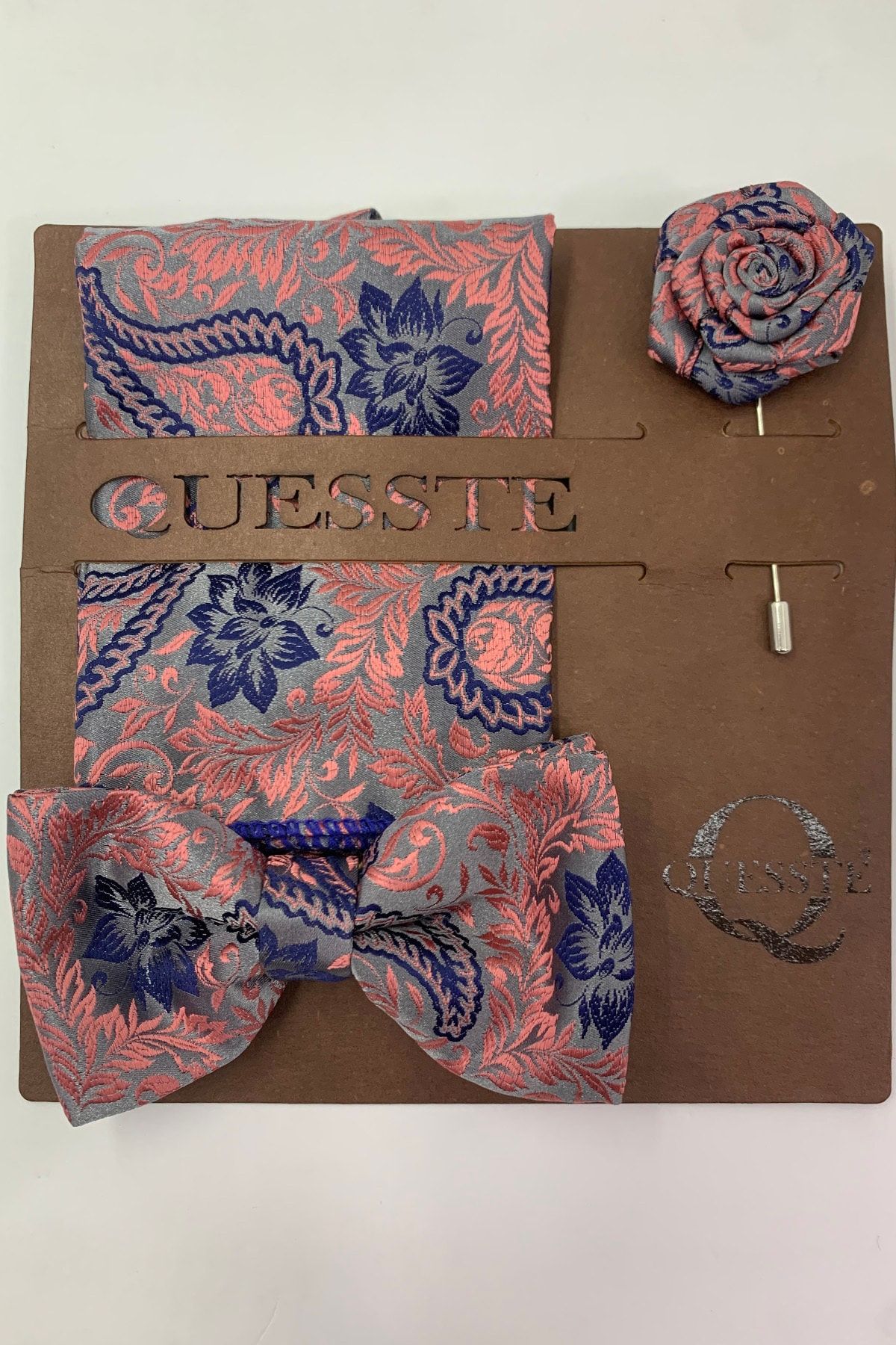 Quesste Accessory Pudra Desenli Papyon Mendil Yaka İğneli Takım Set